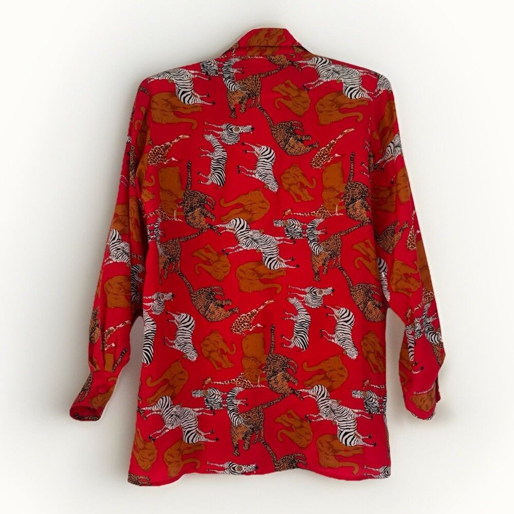 Vintage 100% Silk Piano Blouse Sz S Mob Wife Bold Red Animal Print Old Money - Picture 2 of 16